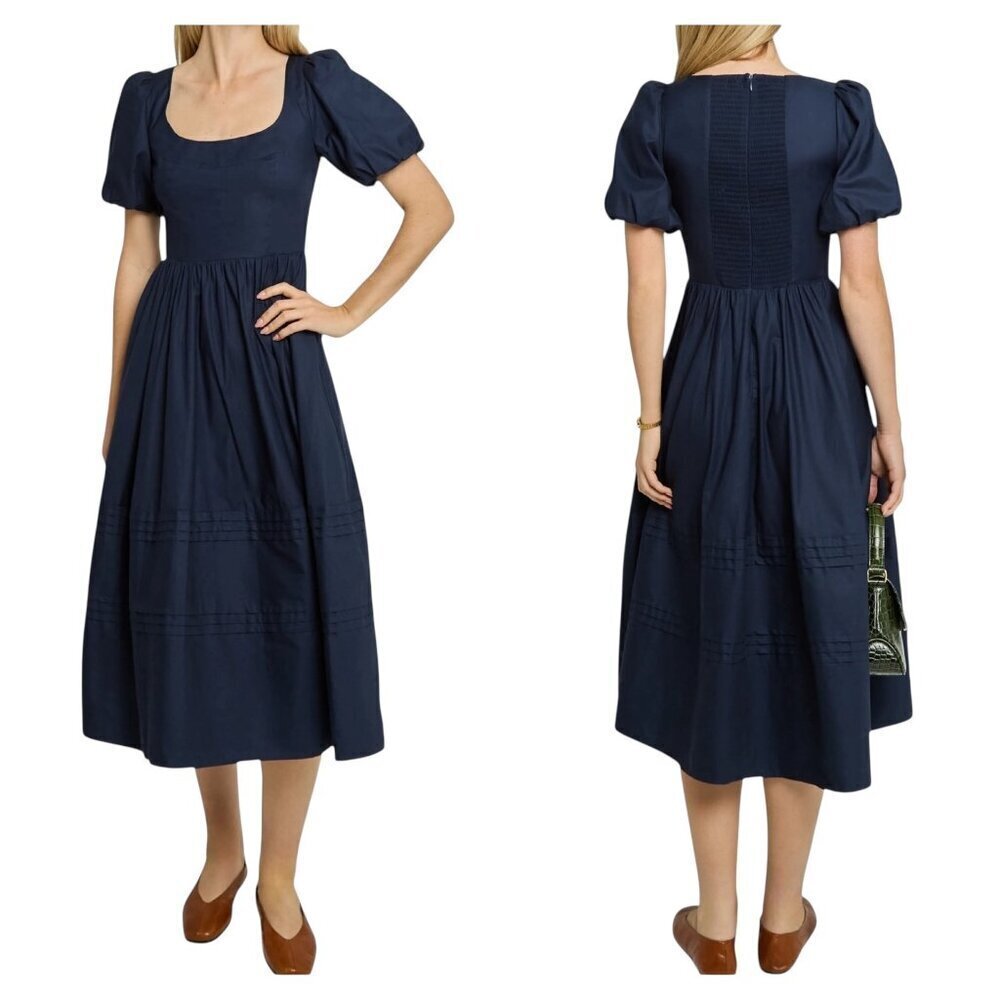 O.P.T. Aurelie Navy Cotton Midi Dress NWT Size 10 Smocked Back Puff Sleeve